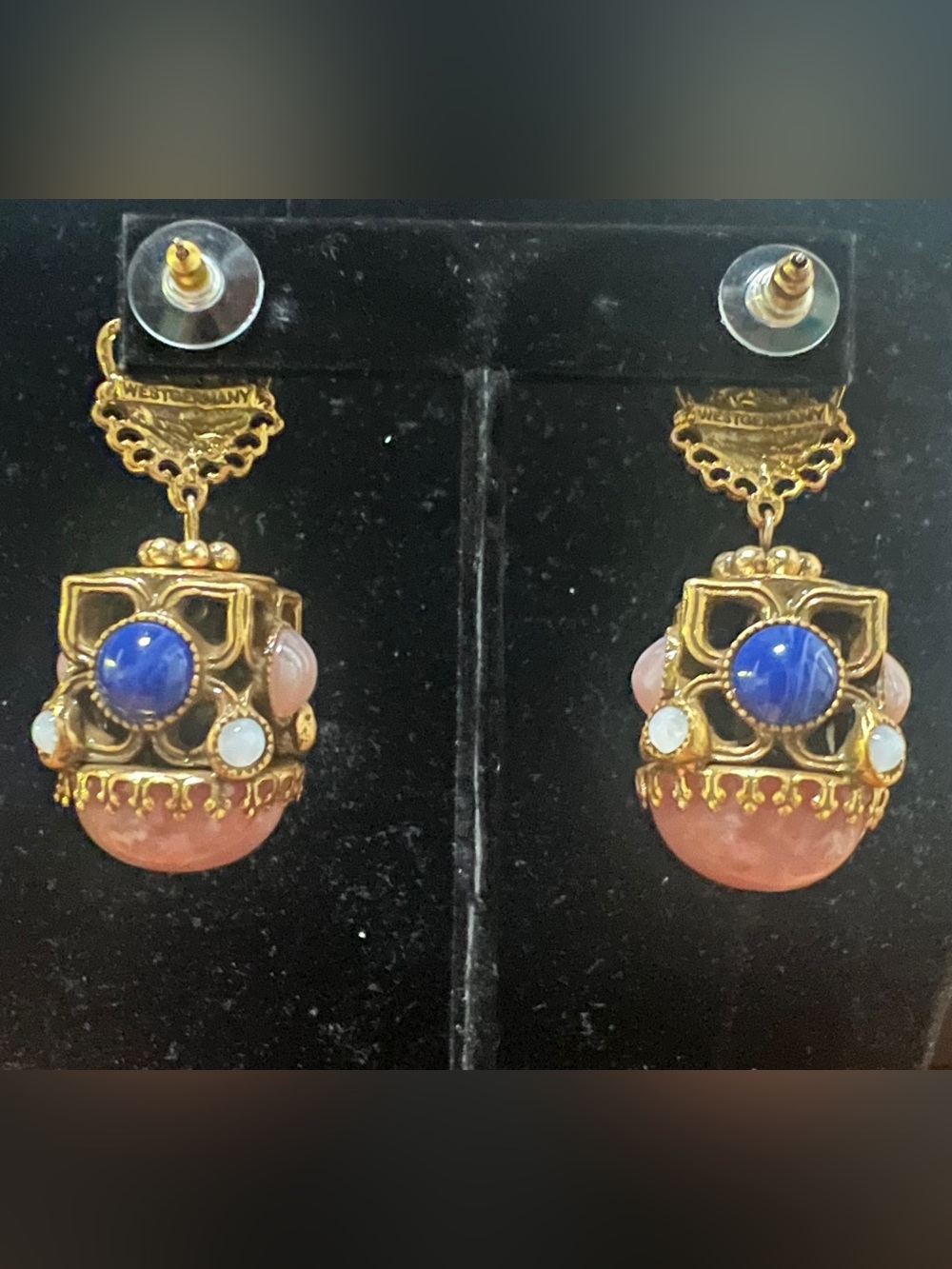 Western Germany Pink & Blue Filigree Dome Drop Earrings